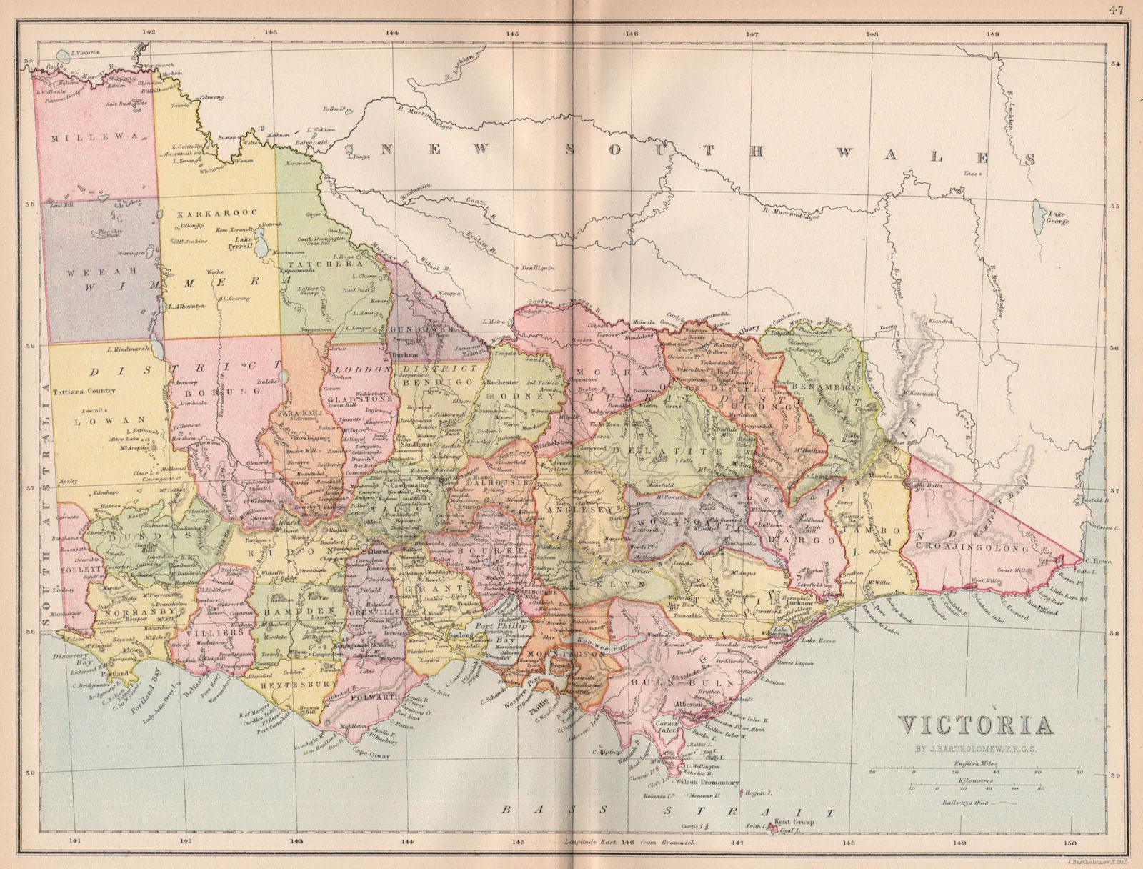 VICTORIA AUSTRALIA. State map showing counties & railways. BARTHOLOMEW 1878